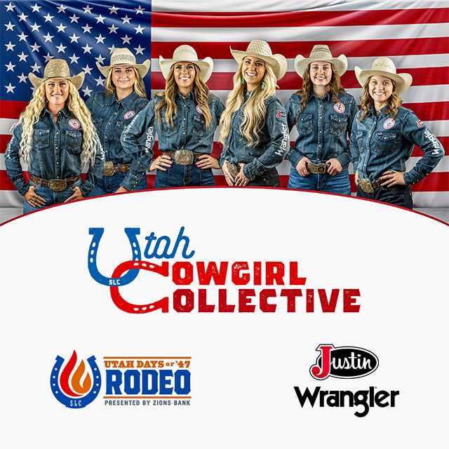 A group of cowgirls standing in front of an American Flag background with the Utah Days of ‘47 logo, the Utah Cowgirl Collective logo, Justin logo, and Wrangler logo.